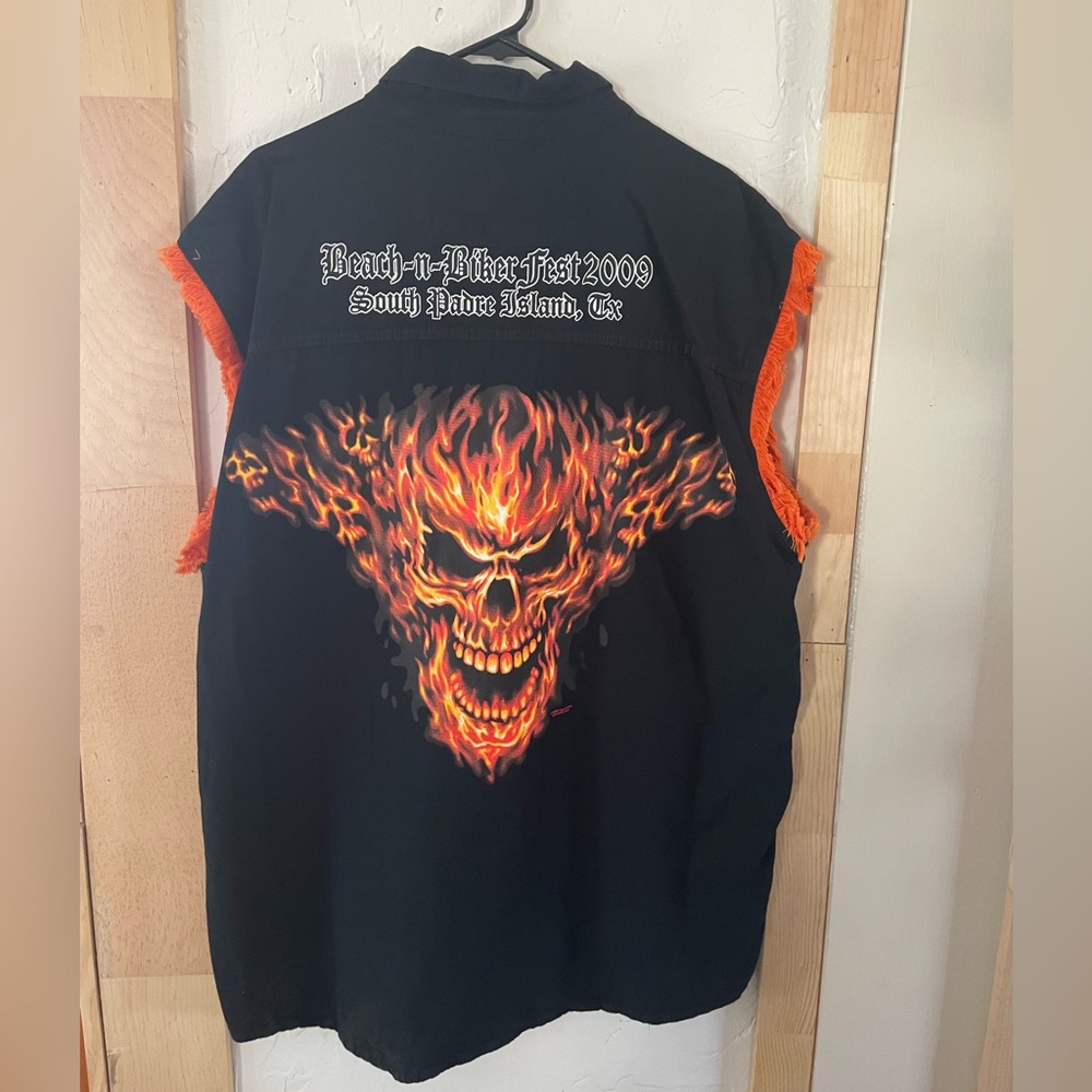 Bikers Fiery Skull Button Up Cut Off Sz 2X